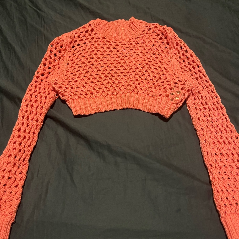 Pink Crochet Knit Crop Sweater